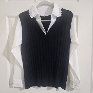 Black Cable Knit Vest White Collared Shirt